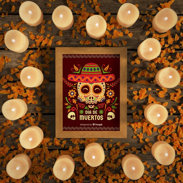 Free Dia De Muertos Skulls With Sombrero Surrounded By Candles Psd