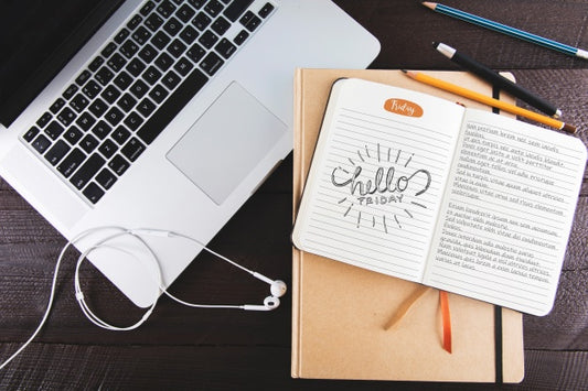 Free Diary Mockup With Laptop Psd