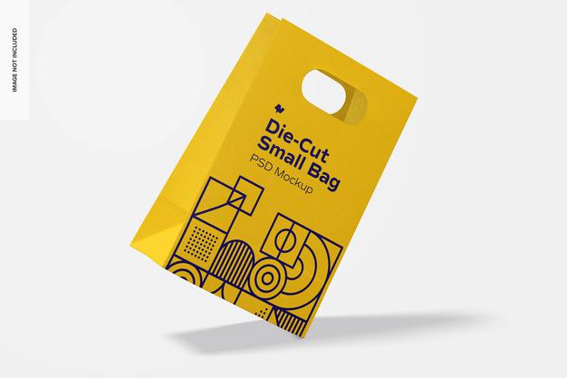 Free Die-Cut Small Paper Bag Mockup, Flotando Psd