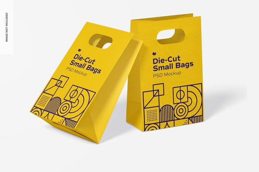Free Die-Cut Small Paper Bags Mockup, Leaned Psd