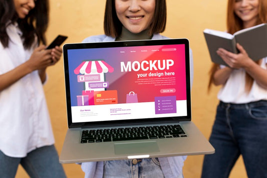 Free Different Beautiful Women Holding A Laptop Mock-Up Psd