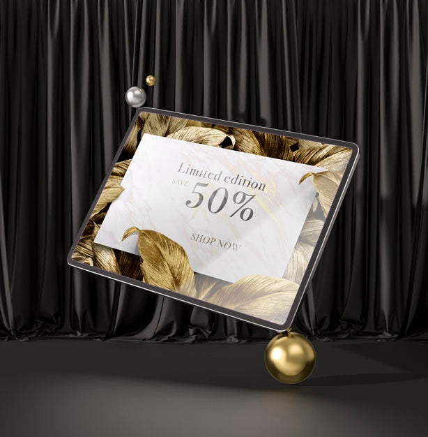 Free Digital Tablet With Golden Leaves 3D Mock-Up Psd