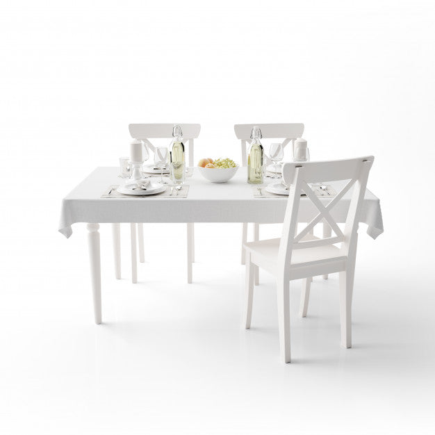 Free Dining Table Mockup With White Cloth And Modern Chairs Psd