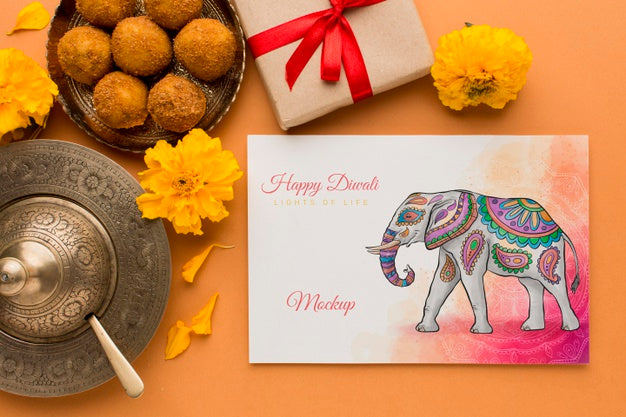 Free Diwali Festival Holiday Mock-Up Elephant And Gift Box Psd