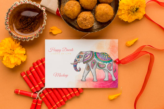 Free Diwali Festival Mock-Up Elephant Drawing Card With Ribbon Psd