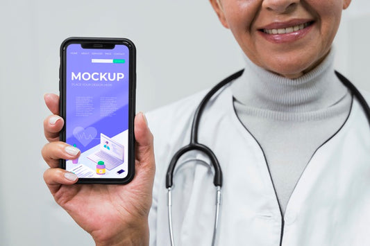 Free Doctor Holding Phone Mock-Up Psd