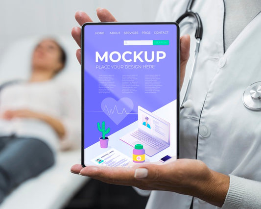 Free Doctor Holding Tablet Mock-Up Near Patient Psd