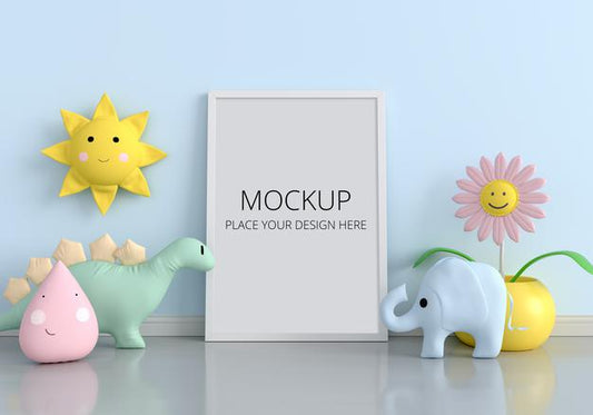 Free Doll On Floor With Frame Mockup Psd