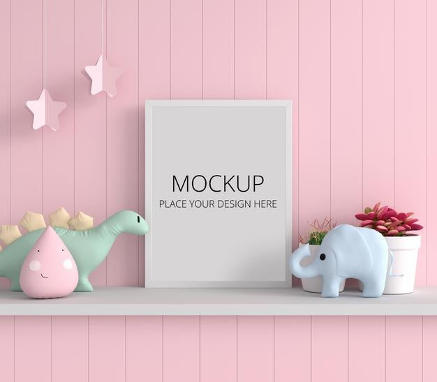 Free Doll On Shelf With Picture Frame Mockup Psd