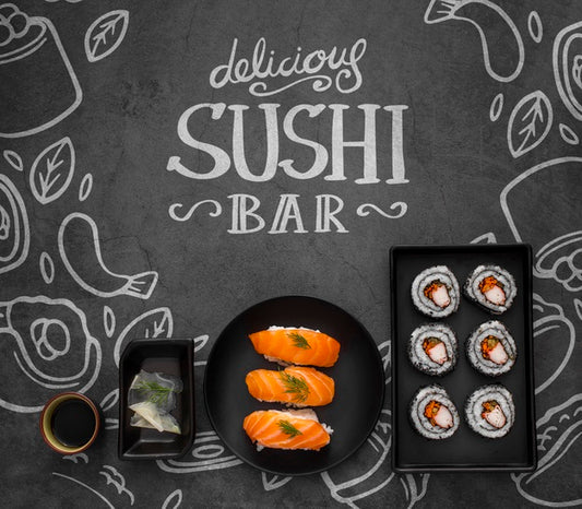 Free Draw With Sushi And Tablet Set With Sushi Rolls Psd