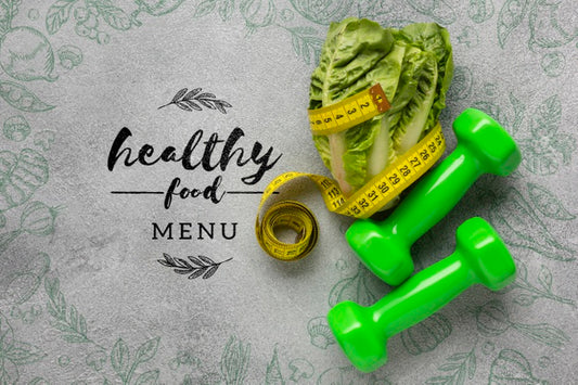 Free Dumbbells And Salad With Healthy Food Menu Concept Psd