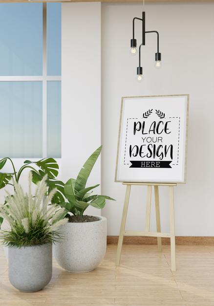 Free Easel Mockup In Living Room Psd