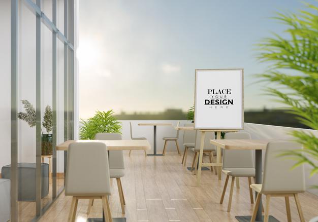 Free Easel Mockup In Restaurant Terrace With Tables And Chairs Psd