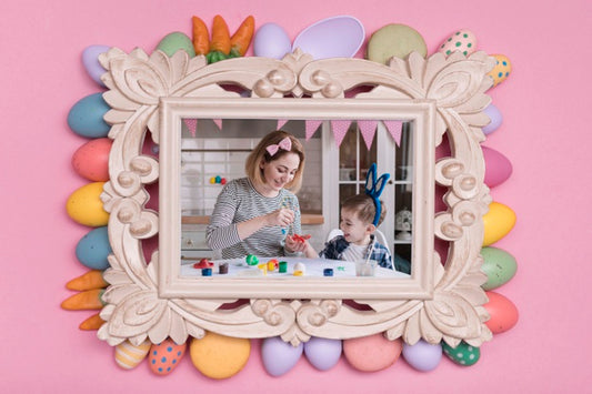 Free Easter Family Photo With Painted Eggs Frame Psd