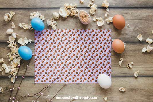 Free Easter Mockup On Wooden Surface Psd