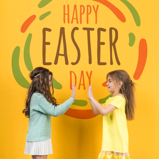 Free Easter Mockup With Blonde And Brunette Girls Psd
