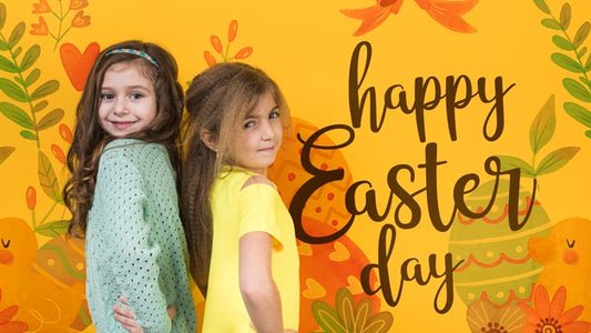 Free Easter Mockup With Blonde And Brunette Girls Psd