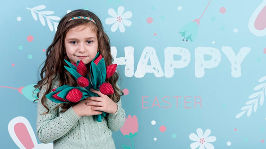 Free Easter Mockup With Brunette Girl Holding Flowers Psd