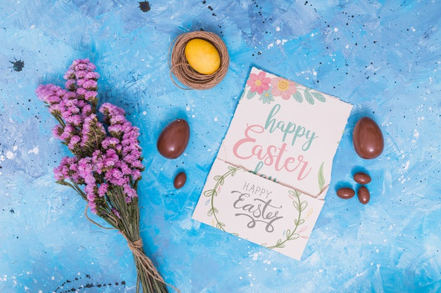 Free Easter Mockup With Card And Chocolate Eggs Psd