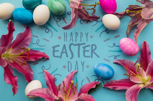 Free Easter Mockup With Egg And Flower Frame Psd