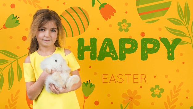 Free Easter Mockup With Girl And Rabbit Psd