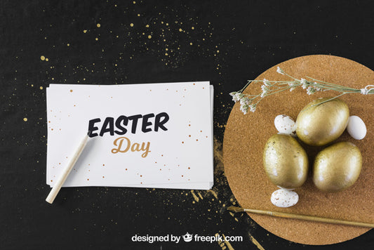 Free Easter Mockup With Golden Eggs And Card Psd