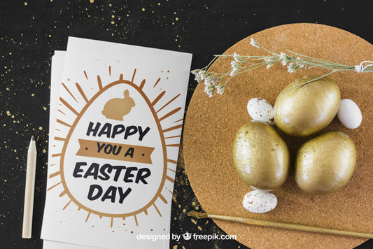 Free Easter Mockup With Golden Eggs Psd