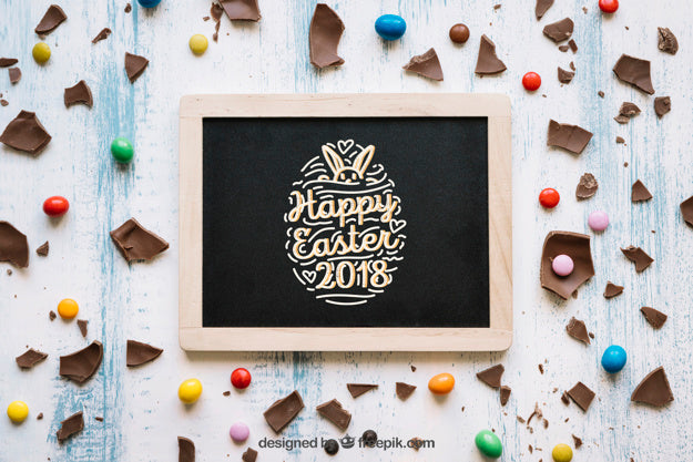 Free Easter Mockup With Slate And Chocolate Psd