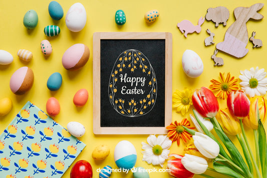 Free Easter Mockup With Slate And Different Elements Psd