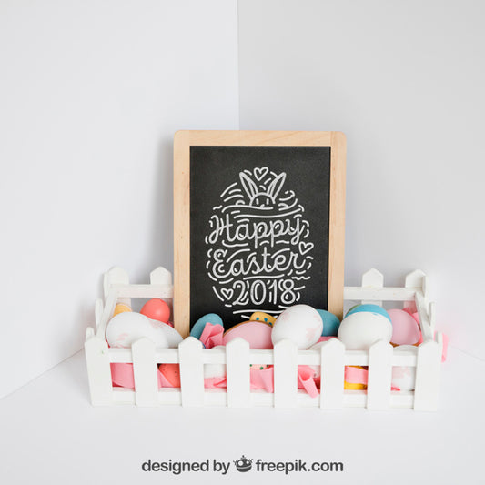 Free Easter Mockup With Slate And Fence Psd