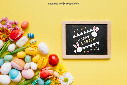 Free Easter Mockup With Slate And Flowers Psd