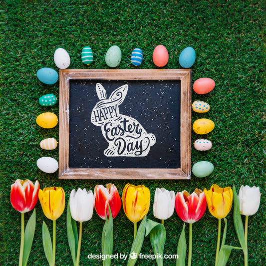 Free Easter Mockup With Slate And Tulips Psd