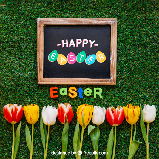Free Easter Mockup With Slate On Grass Psd