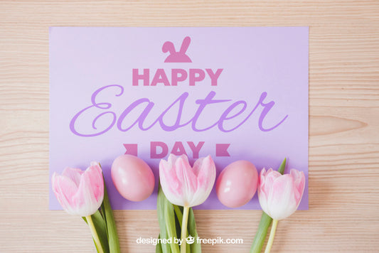 Free Easter Mockup With Tulips On Card Psd