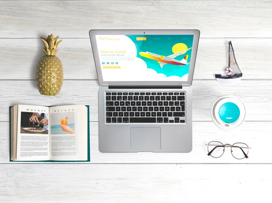 Free Editable Flat Lay Laptop Mockup With Summer Elements Psd