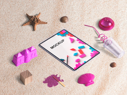 Free Editable Isometric Tablet Mockup With Summer Elements Psd