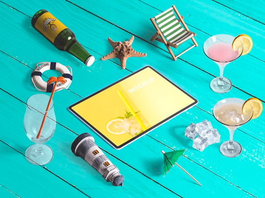 Free Editable Isometric Tablet Mockup With Summer Elements Psd
