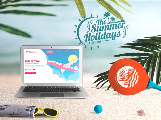 Free Editable Laptop Mockup With Summer Elements Psd