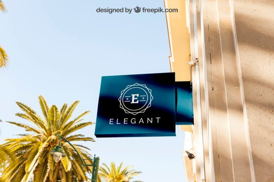 Free Elegant Blue Shop Sign Mockup Psd