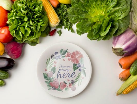 Free Empty Plate Mock-Up With Frame Made From Delicious Fresh Veggies Psd