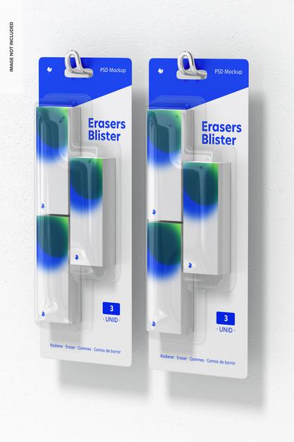 Free Erasers Blister Mockup, Hanging On Wall Psd