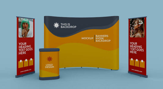 Free Exhibition Standing Banner, Kiosk & Backdrop Mockup Psd