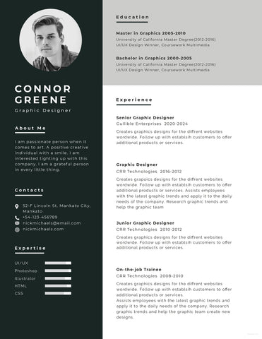 Free Experience Graphic Designer Resume CV Template in Photoshop (PSD), Illustrator (AI), Microsoft Word and Indesign Formats