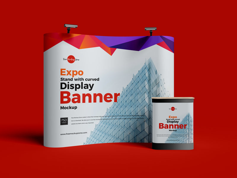 Free Expo Stand With Curved Display Banner Mockup