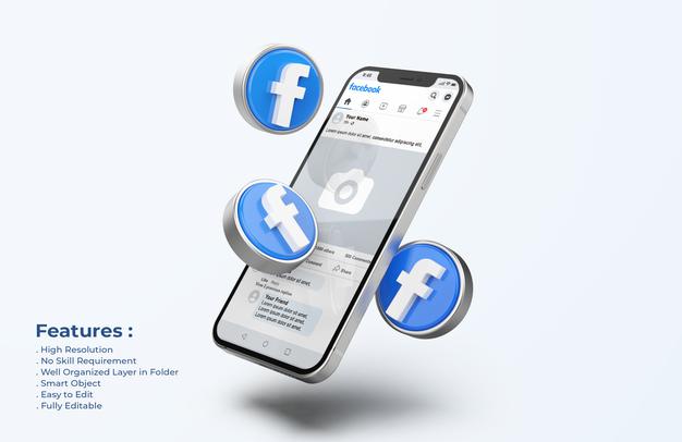 Free Facebook On Mobile Phone Mockup With 3D Icons Psd