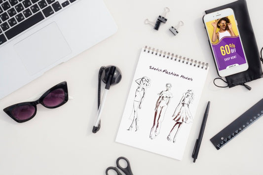 Free Fashion Sketch On Desk With Tools Beside Psd