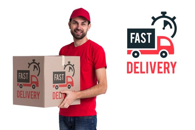 Free Fast Delivery And Man In Red Costume Psd