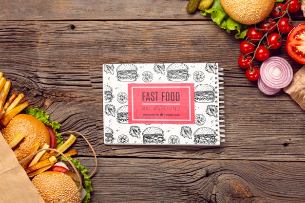 Free Fast Food And Veggies On Wooden Background Psd