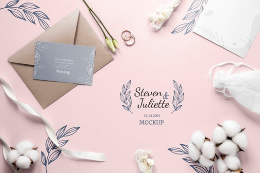 Free Fat Lay Of Wedding Card With Envelope And Cotton Psd