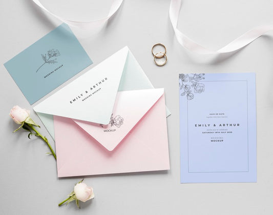 Free Fat Lay Of Wedding Card With Envelopes And Roses Psd